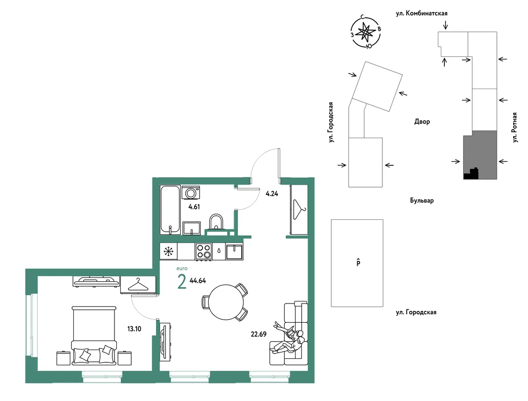 Планировка 2-комн. квартира, 44.64 м² ЖК «Уральский сад»