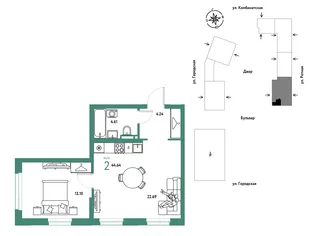 Планировка 2-комн. квартира, 44.64 м² ЖК «Уральский сад»