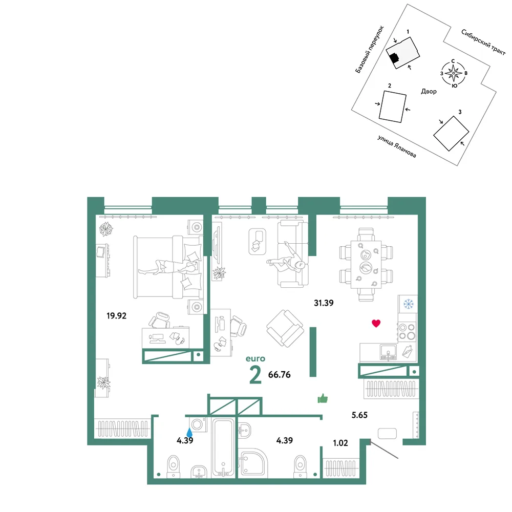 Планировка 2-комн. квартира, 66.76 м² ЖК «Сибирский сад»