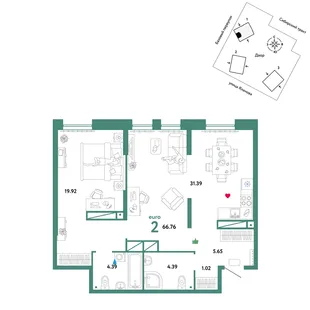 Планировка 2-комн. квартира, 66.76 м² ЖК «Сибирский сад»