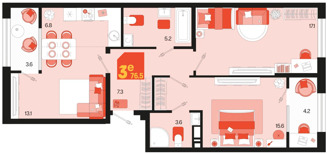 Планировка 3-комн. квартира, 76.5 м² ЖК «Первое место»
