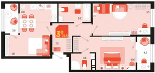 Планировка 3-комн. квартира, 76.5 м² ЖК «Первое место»