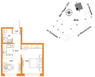 Планировка 1-комн. квартира, 34.47 м² ЖК «Страна.Парковая»