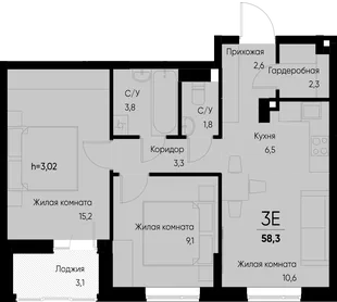 Планировка 3-комн. квартира, 60 м² ЖК «Васильевский остров»