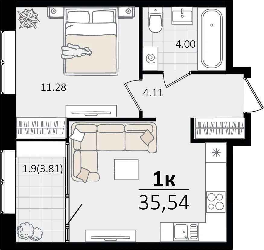 Планировка 1-комн. квартира, 35.54 м² ЖК «Патрики»