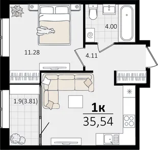 Планировка 1-комн. квартира, 35.54 м² ЖК «Патрики»