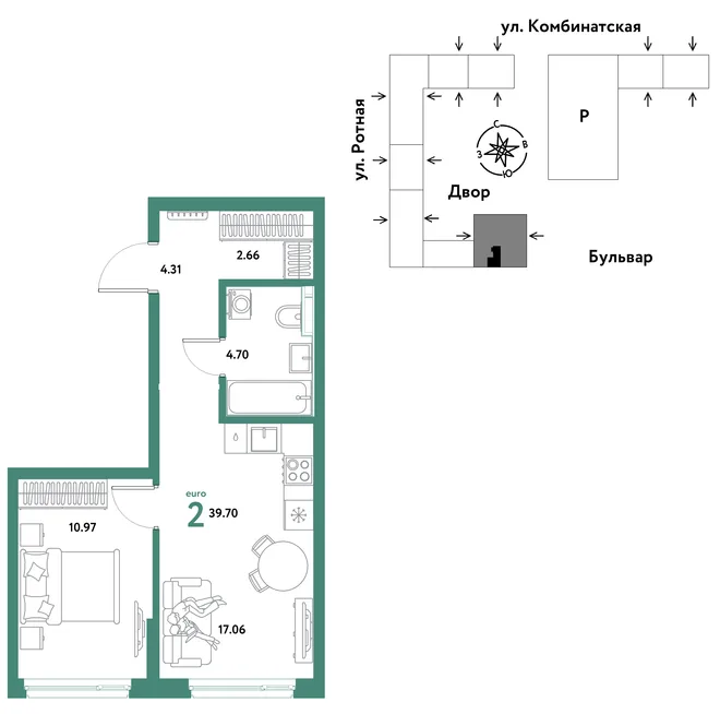 Планировка 2-комн. квартира, 39.7 м² ЖК «Уральский сад» Планировка 2-комн. квартира, 39.7 м² ЖК «Уральский сад»
