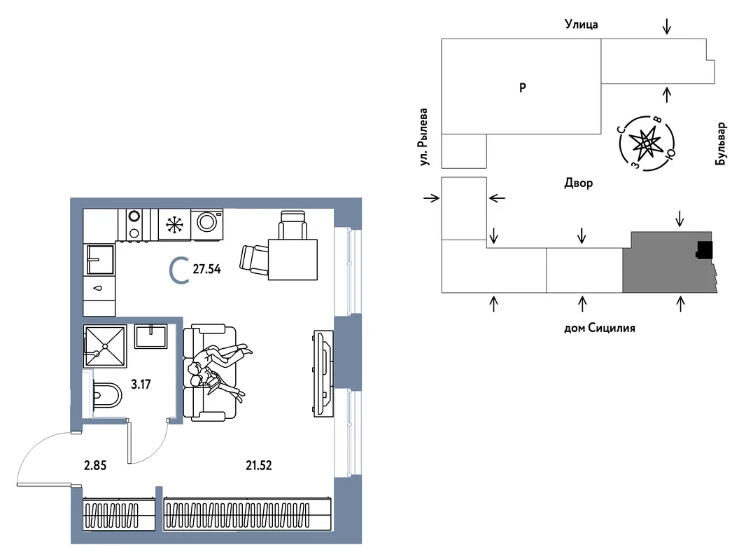 Планировка Студия, 27.54 м² ЖК «Остров-сад»