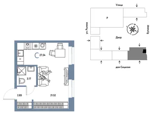 Планировка Студия, 27.54 м² ЖК «Остров-сад»