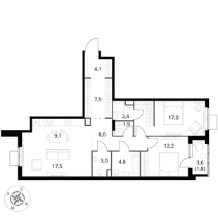 Квартира 3-комн. квартира, 89.3 м² ЖК «1-й Измайловский» Фото 1 Квартира 3-комн. квартира, 89.3 м² ЖК «1-й Измайловский» Фото 1