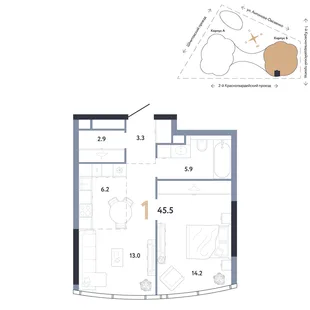 Планировка 1-комн. квартира, 45.5 м² ЖК «АУРУС Резиденции»