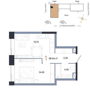 Планировка 1-комн. квартира, 38.44 м² ЖК «Репаблик»