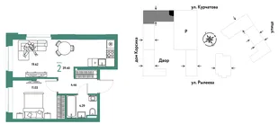 Планировка 2-комн. квартира, 39.4 м² ЖК «Остров-сад»