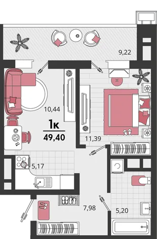 Планировка 2-комн. квартира, 49.4 м² ЖК «Родные просторы»