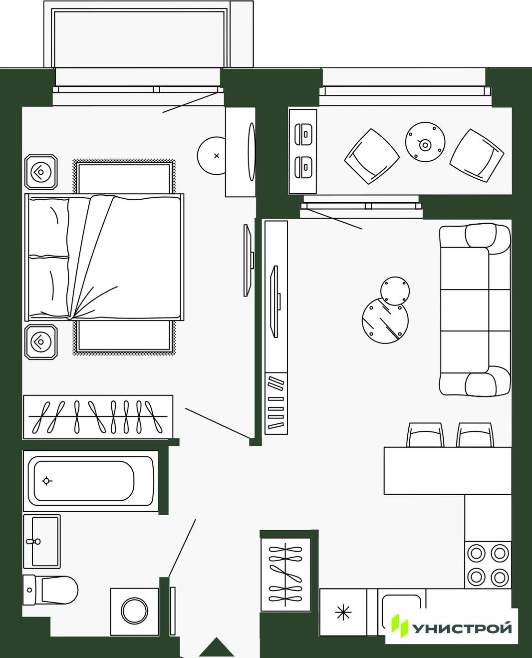 Планировка 1-комн. квартира, 38.9 м² ЖК «Парковый квартал 2.0»