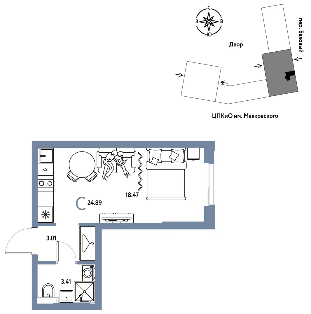 Планировка Студия, 24.89 м² ЖК «Сибирский сад»