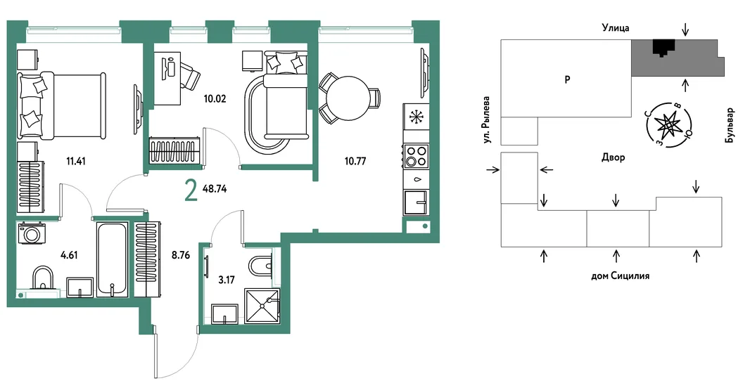 Планировка 2-комн. квартира, 48.74 м² ЖК «Остров-сад»