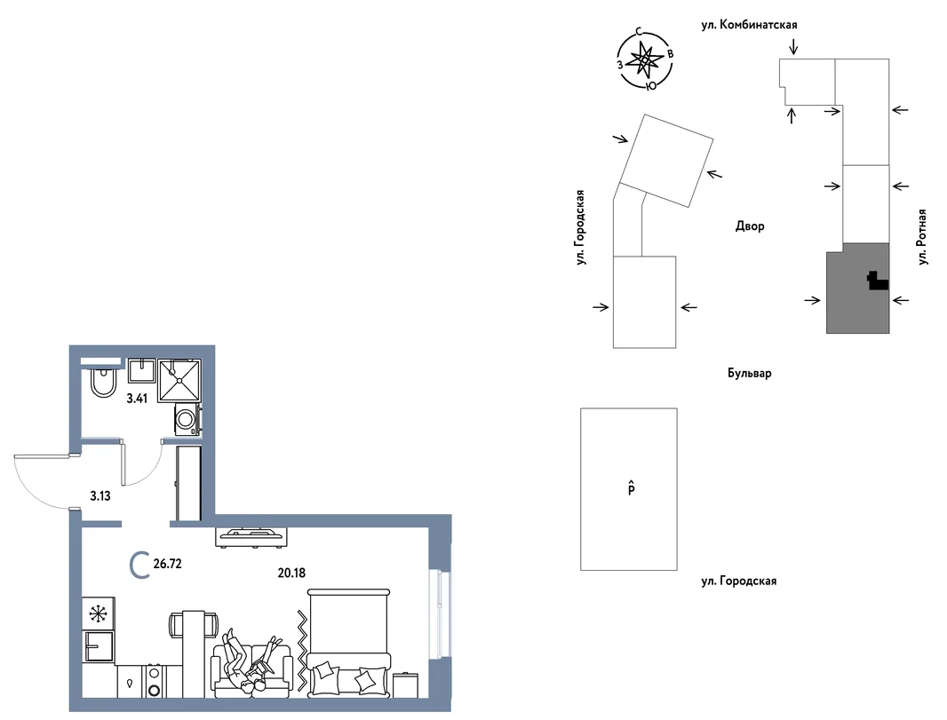 Планировка Студия, 26.72 м² ЖК «Уральский сад»