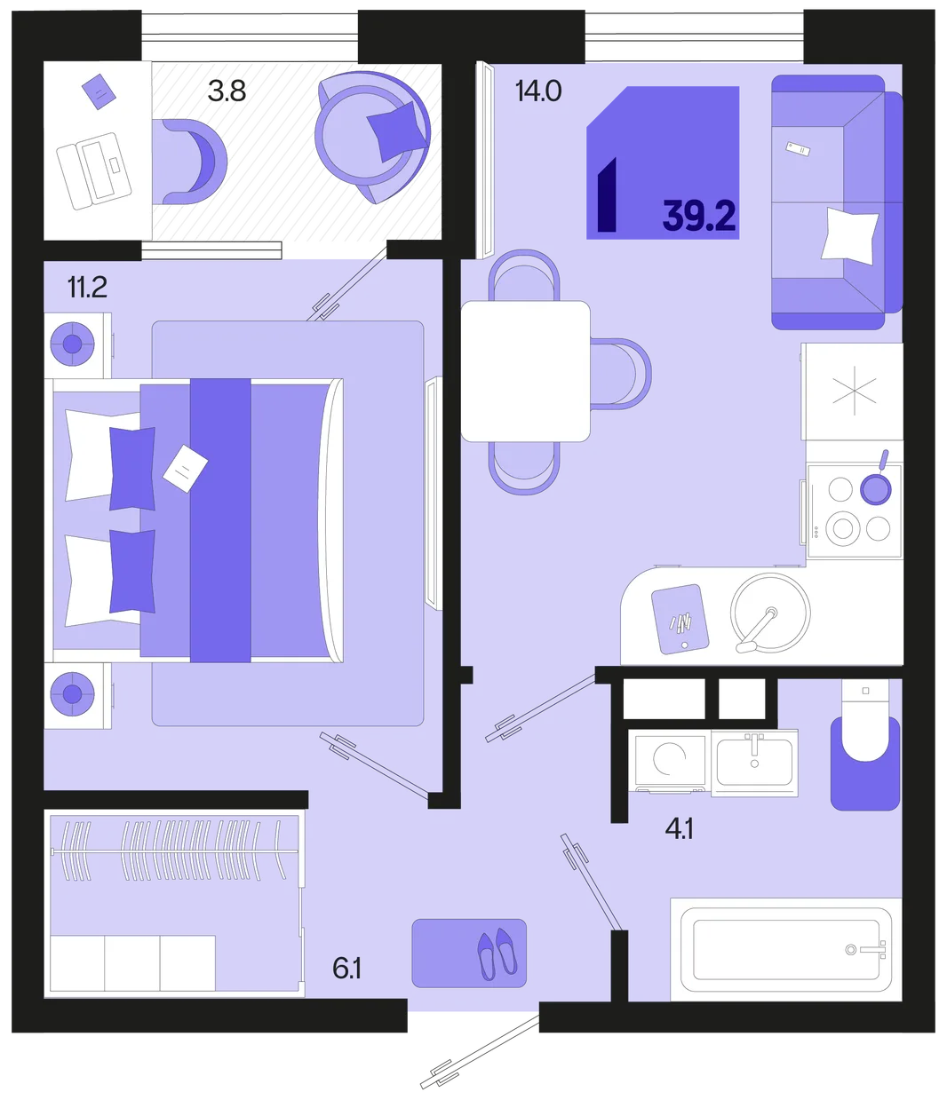 Планировка 1-комн. квартира, 39.2 м² ЖК «Первое место»