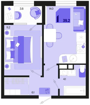 Планировка 1-комн. квартира, 39.2 м² ЖК «Первое место»