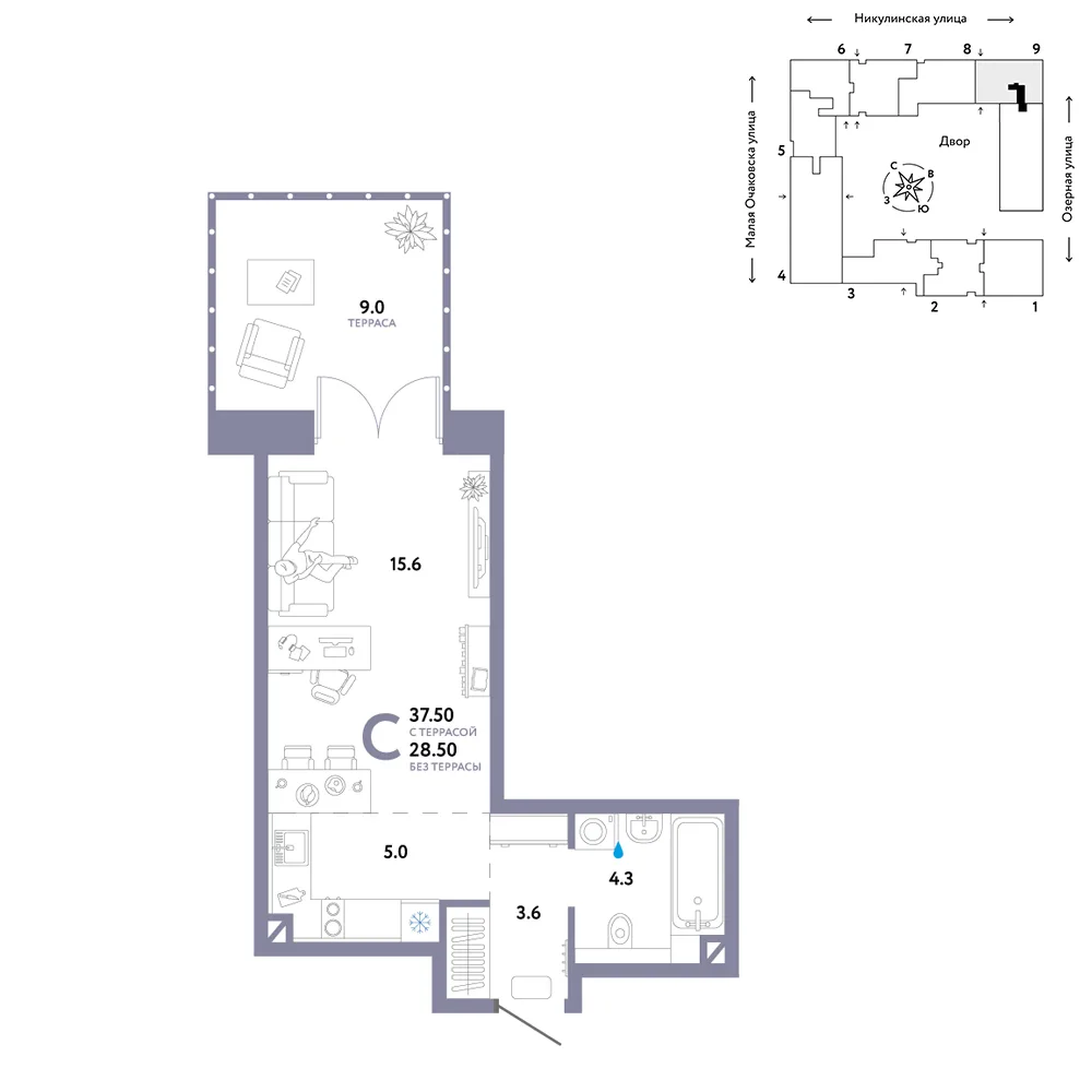 Планировка Студия, 37.5 м² ЖК «Страна.Озёрная»