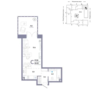 Планировка Студия, 37.5 м² ЖК «Страна.Озёрная»