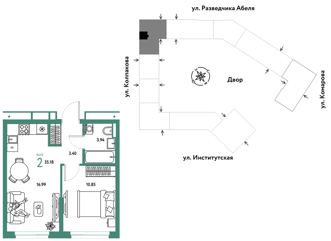 Планировка 2-комн. квартира, 35.18 м² ЖК «Страна.Парковая»