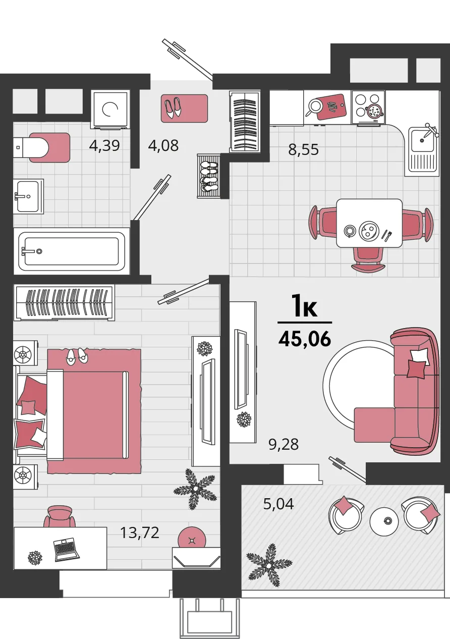 Планировка 2-комн. квартира, 45.06 м² ЖК «Родные просторы»