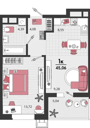 Планировка 2-комн. квартира, 45.06 м² ЖК «Родные просторы»