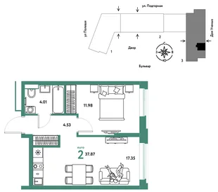 Планировка 2-комн. квартира, 37.97 м² ЖК «Авторский»