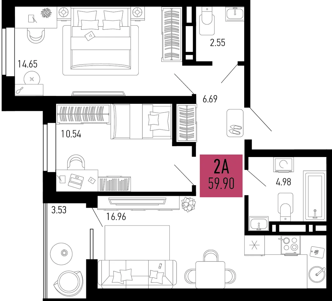 Планировка 2-комн. квартира, 59.9 м² ЖК «Столицыно»