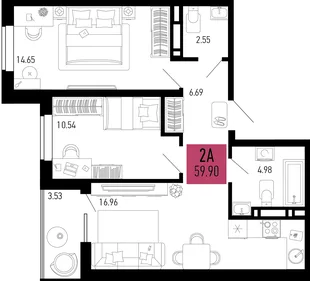 Планировка 2-комн. квартира, 59.9 м² ЖК «Столицыно»
