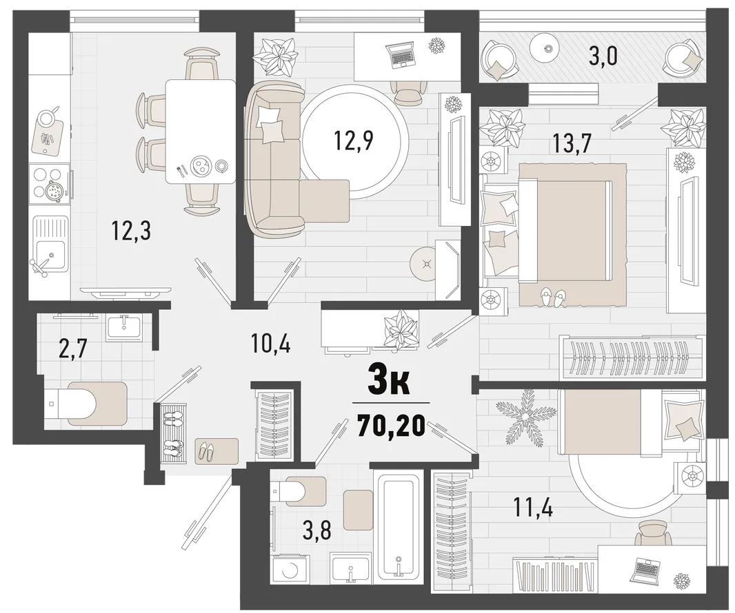 Планировка 3-комн. квартира, 70.2 м² ЖК «Барса»
