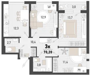 Планировка 3-комн. квартира, 70.2 м² ЖК «Барса»