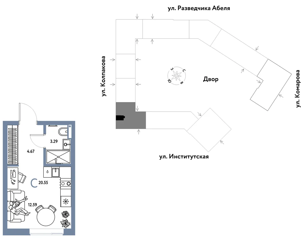 Планировка Студия, 20.55 м² ЖК «Страна.Парковая»
