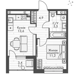 Квартира 1-комн. квартира, 36.9 м² ЖК «ФоРест» Фото 1 Квартира 1-комн. квартира, 36.9 м² ЖК «ФоРест» Фото 1