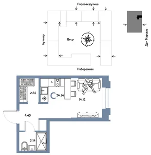 Планировка Студия, 24.56 м² ЖК «Европейский берег 2.0»