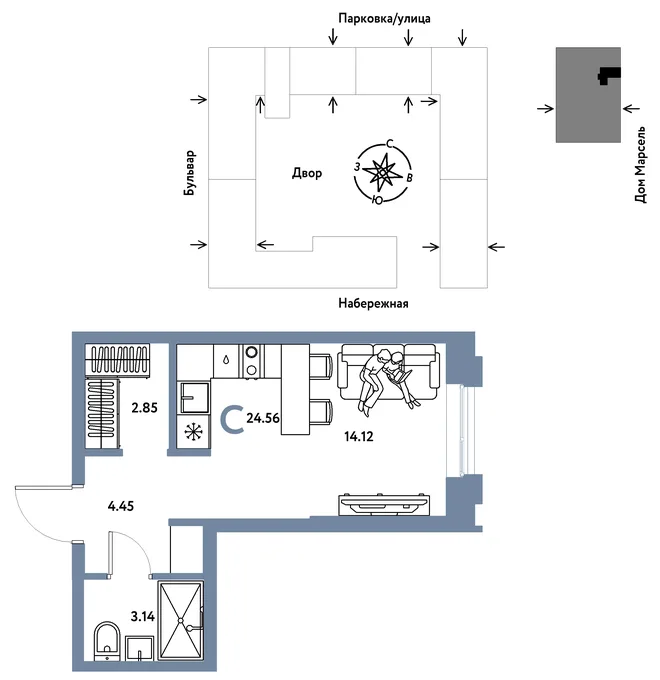 Планировка Студия, 24.56 м² ЖК «Европейский берег 2.0»