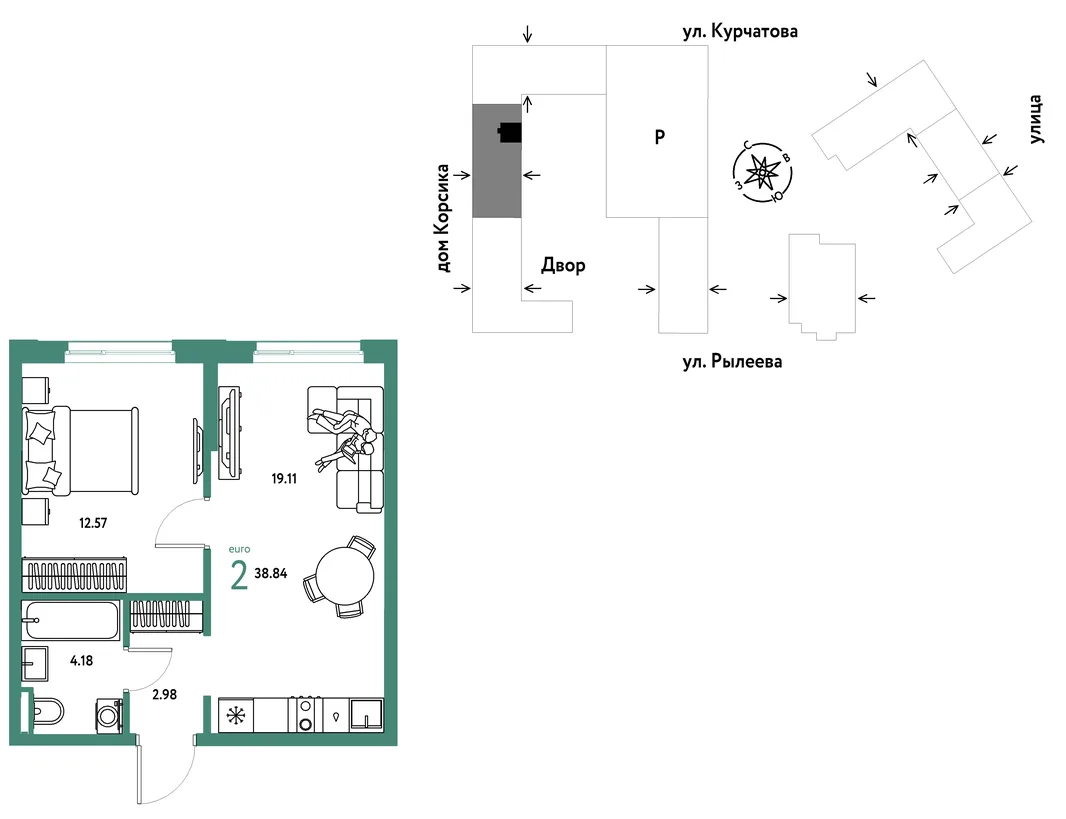 Планировка 2-комн. квартира, 38.83 м² ЖК «Остров-сад»