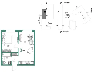 Планировка 2-комн. квартира, 38.83 м² ЖК «Остров-сад»