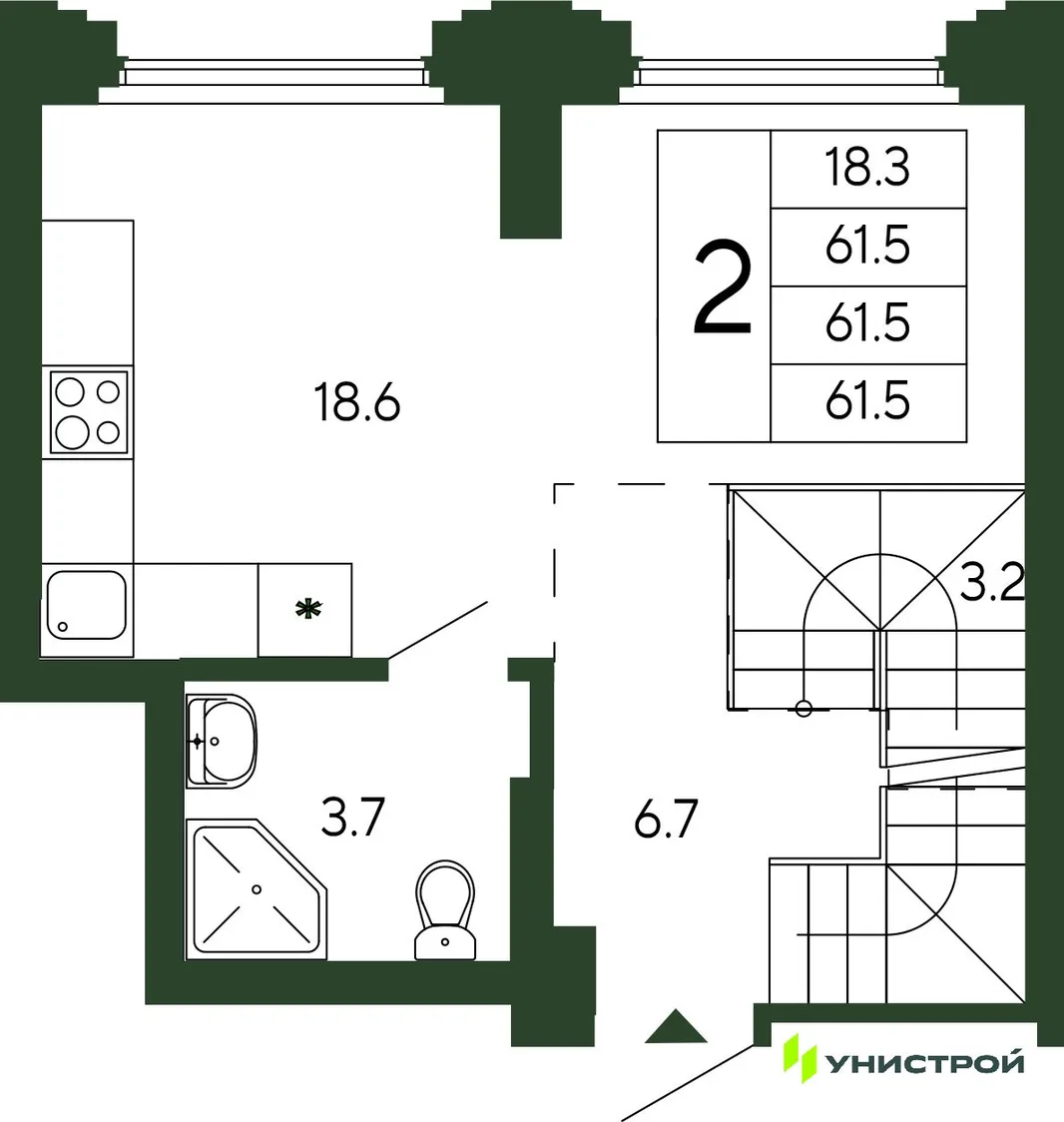 Планировка 2-комн. квартира, 61.5 м² ЖК «Парковый квартал 2.0»