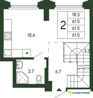 Планировка 2-комн. квартира, 61.5 м² ЖК «Парковый квартал 2.0»