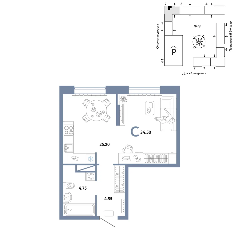 Планировка Студия, 34.5 м² ЖК «Юнион»