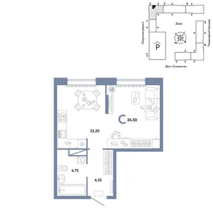 Планировка Студия, 34.5 м² ЖК «Юнион»