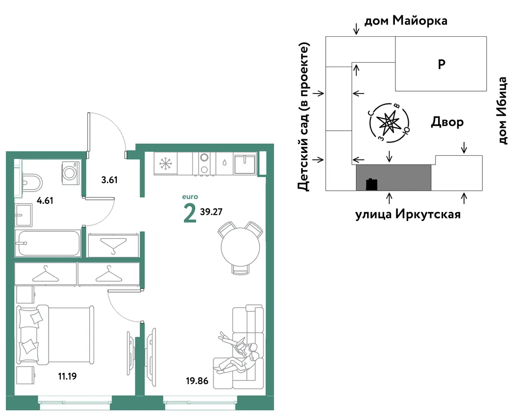 Планировка 2-комн. квартира, 39.27 м² ЖК «Остров-сад»