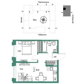 Планировка 2-комн. квартира, 38.55 м² ЖК «Европейский берег 2.0»