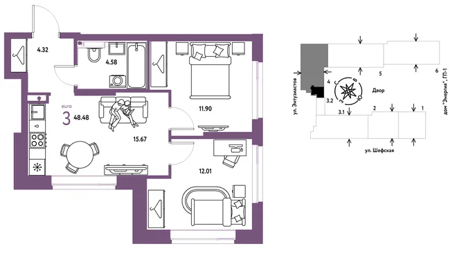 Планировка 3-комн. квартира, 48.48 м² ЖК «Страна.Энтузиастов» Планировка 3-комн. квартира, 48.48 м² ЖК «Страна.Энтузиастов»