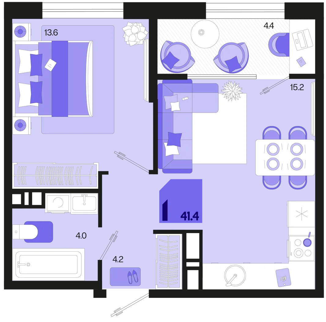 Планировка 1-комн. квартира, 41.4 м² ЖК «Первое место»