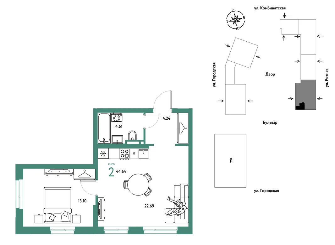 Планировка 2-комн. квартира, 44.64 м² ЖК «Уральский сад»