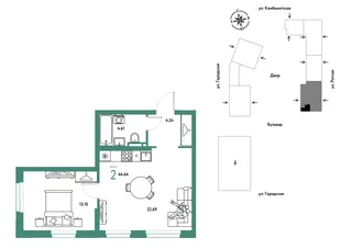 Планировка 2-комн. квартира, 44.64 м² ЖК «Уральский сад»